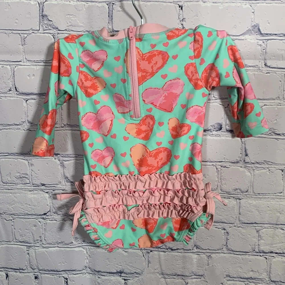 Ruffle Butts Baby Girls Long Sleeve Swim Suit Heart Pink & Blue Size 3-6M Beach